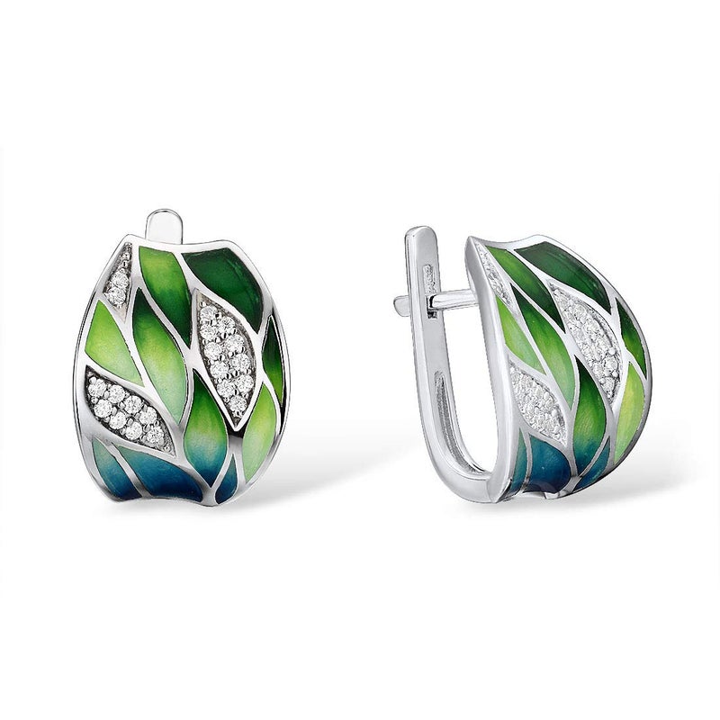 Santuzza 925 Sterling Silver Bamboo Leaves Dangle Earrings Cubic Zirconia Handmade Enamel Leaf Pattern Nature Earrings for Women - Image 1